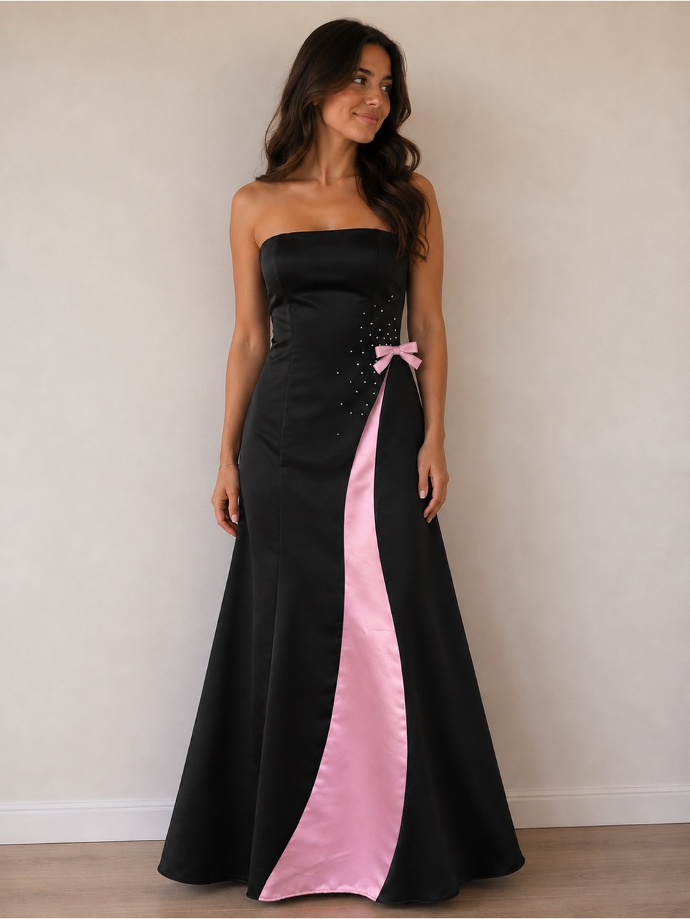 Gunne Sax Jessica McClintockBlack Satin Prom Dress with Pink Satin Inset and Bow